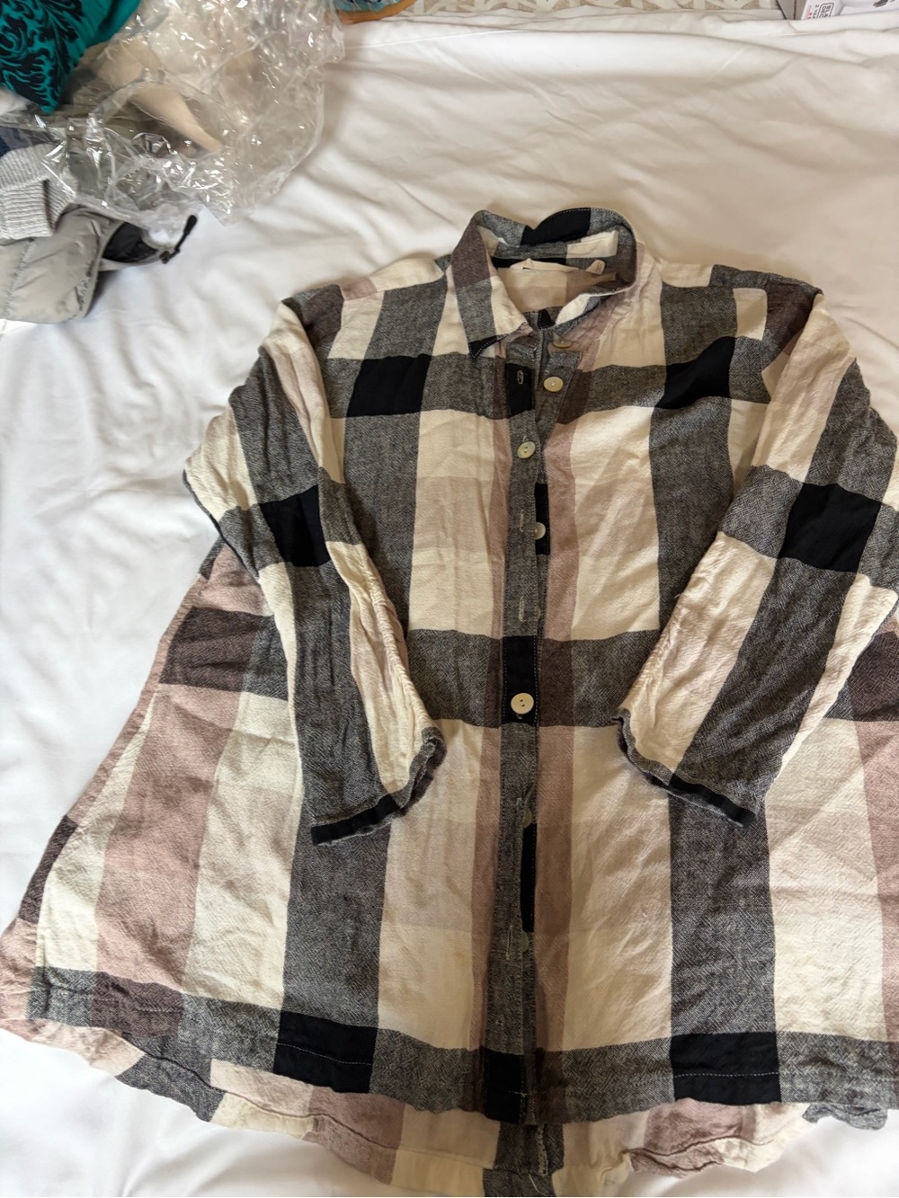 Soft Surroundings linen Neutral Plaid Button-Up Shirt -Cream, Black, Taupe